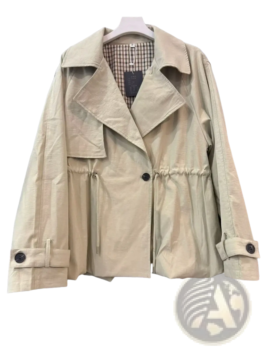 Beige women short trench coat with belted waist black buttons and checkered lining for spring jacket use