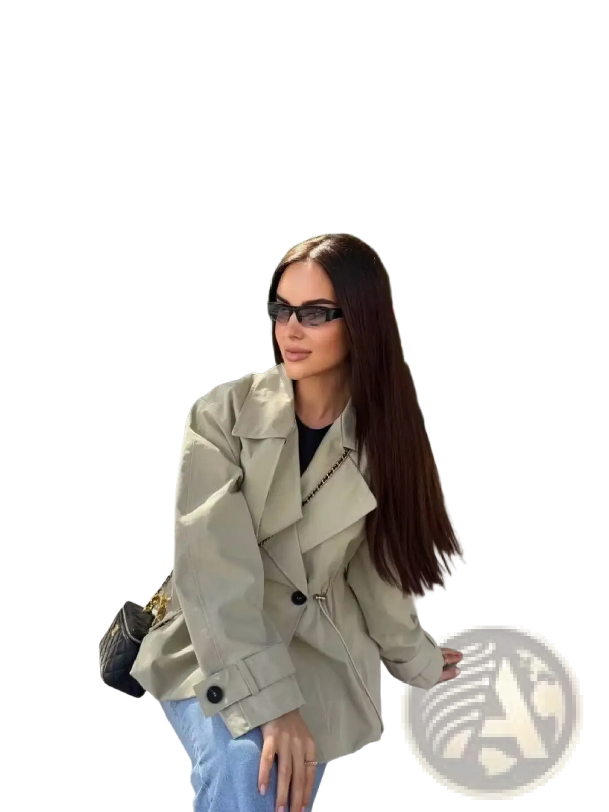 Beige women’s short trench coat with black buttons and chain strap featuring a drawstring waist for spring wear