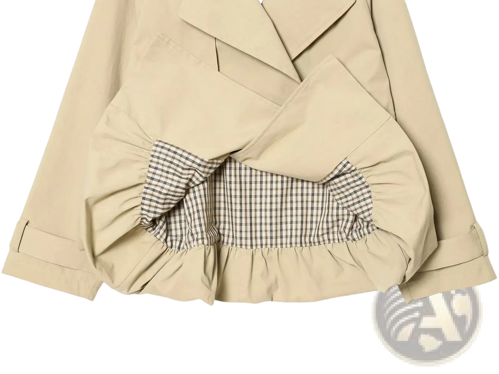 Beige women short trench coat with drawstring waist black and white checkered lining and ruffled hem for spring