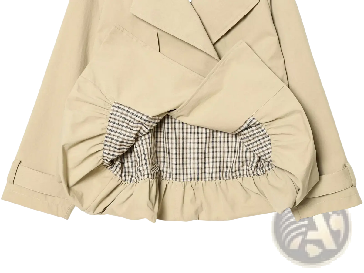 Beige women short trench coat with drawstring waist black and white checkered lining and ruffled hem for spring