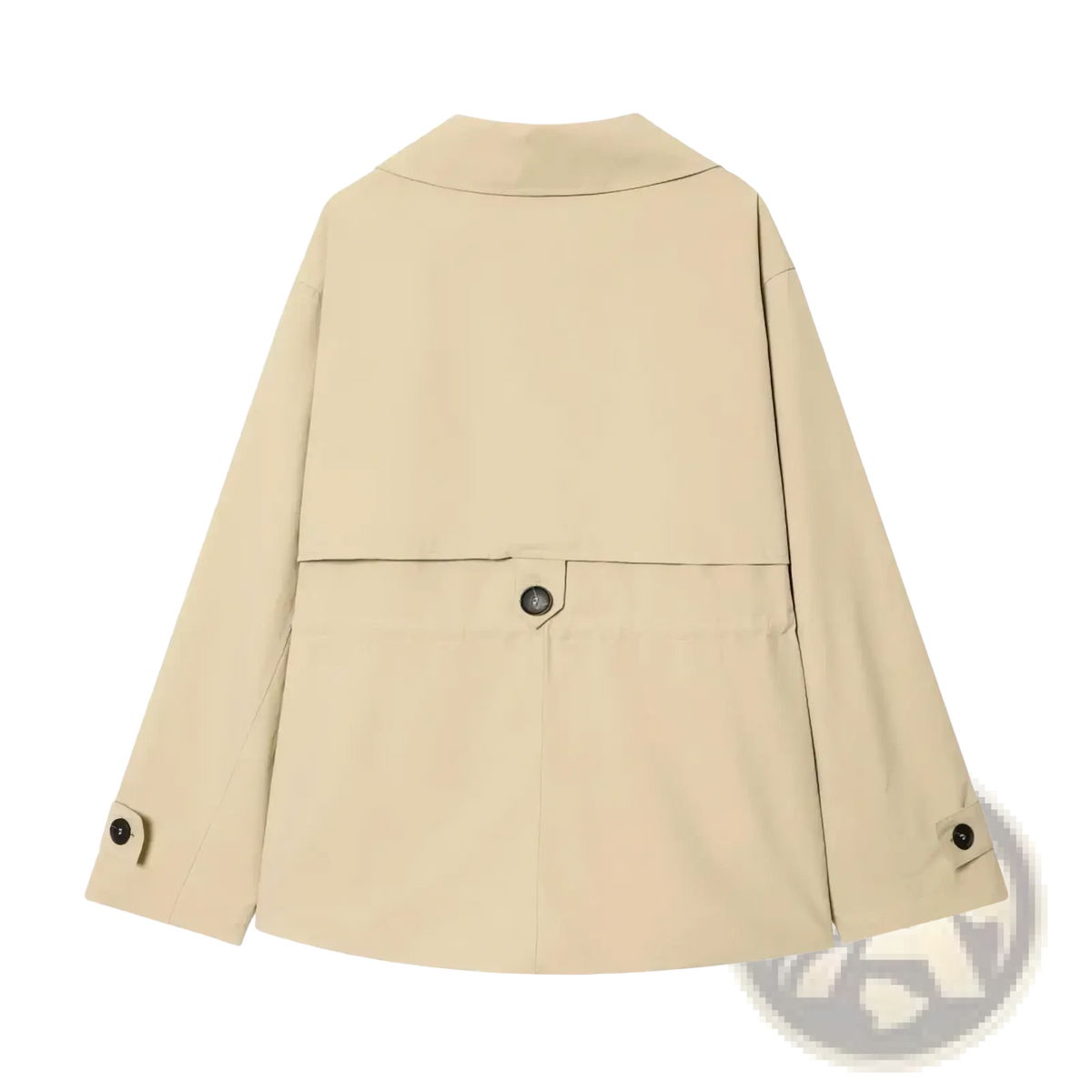 Beige women short trench coat with classic collar buttoned cuffs and waist detail perfect for spring wear