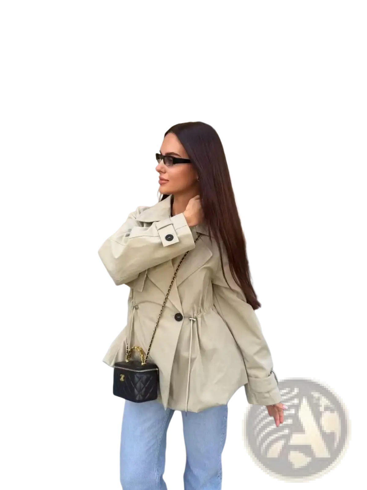 Black quilted leather chanel mini handbag with gold-tone hardware complementing women short trench coat spring jacket
