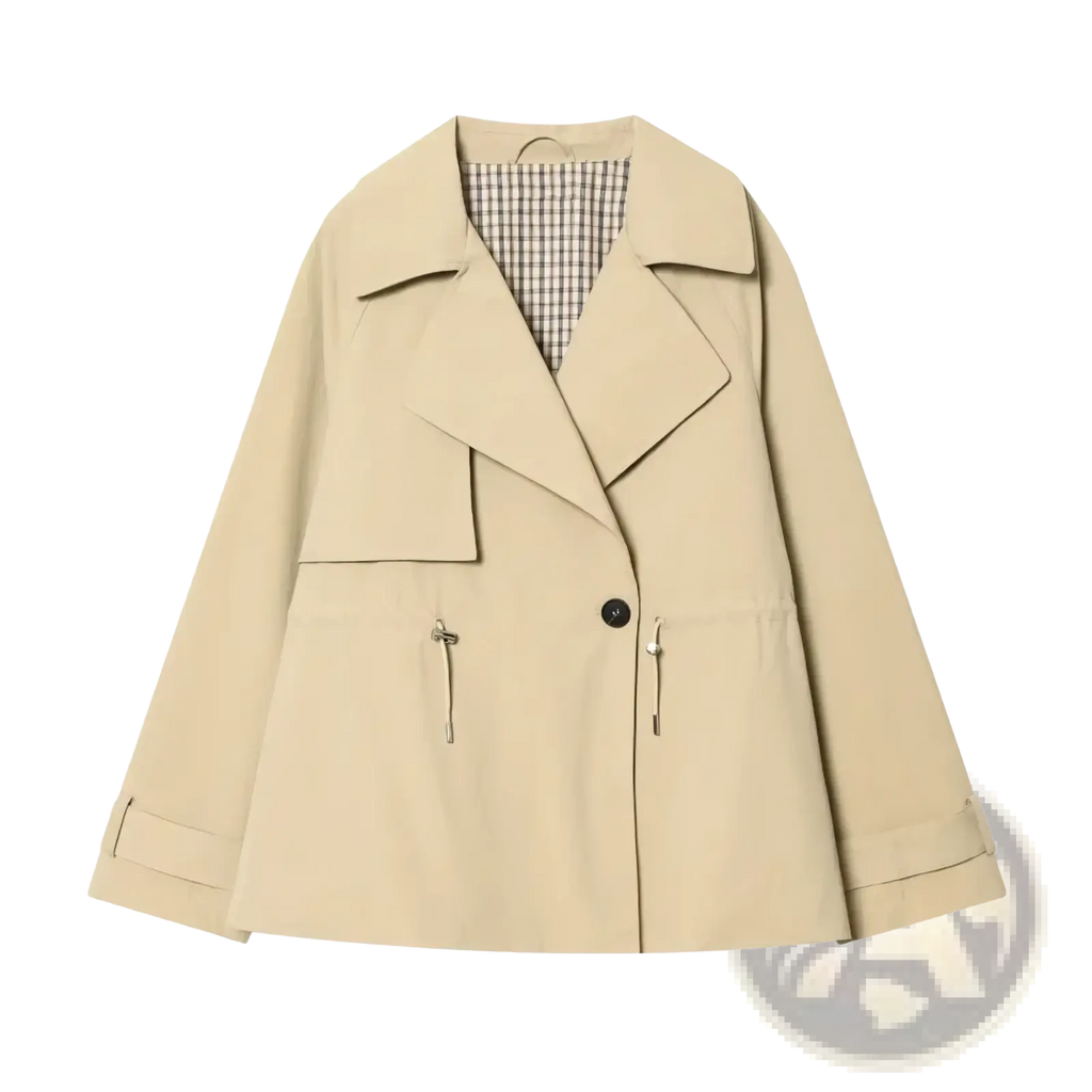 Beige women short trench coat with classic collar front button closure and drawstring waist spring jacket