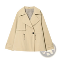 Beige women short trench coat with classic collar front button closure and drawstring waist spring jacket