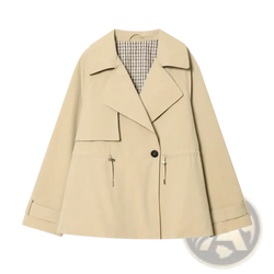 Beige women short trench coat with classic collar front button closure and drawstring waist spring jacket