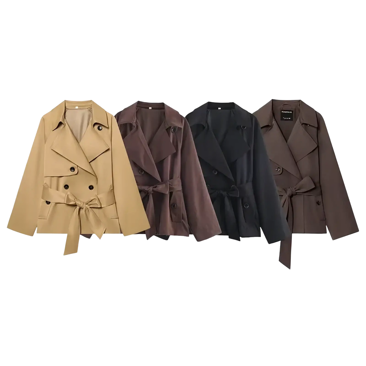 Four women short trench coats in beige brown black and dark gray displayed side by side showcasing classic colors