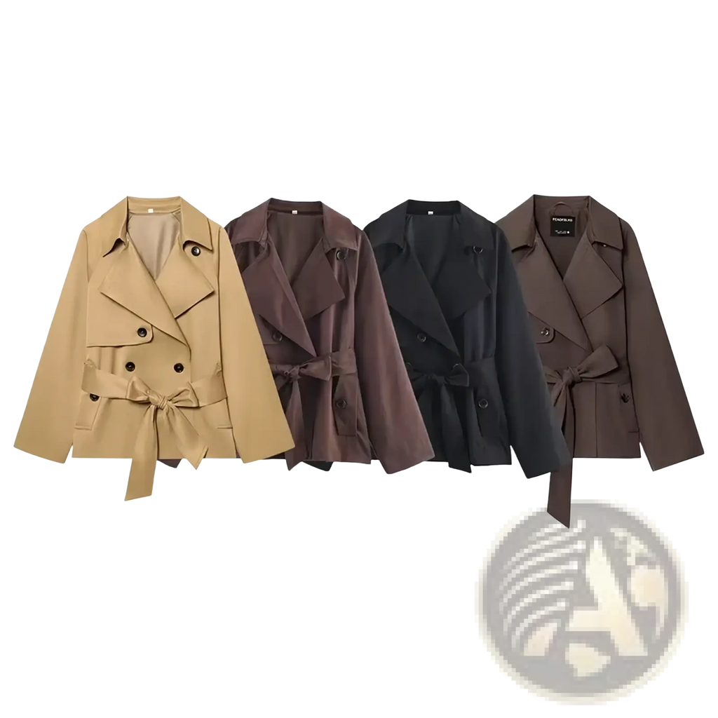 Four women short trench coats in beige brown black and dark gray displayed side by side showcasing classic colors