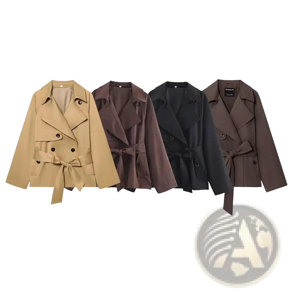 Four women short trench coats in beige brown black and dark gray displayed side by side showcasing classic colors
