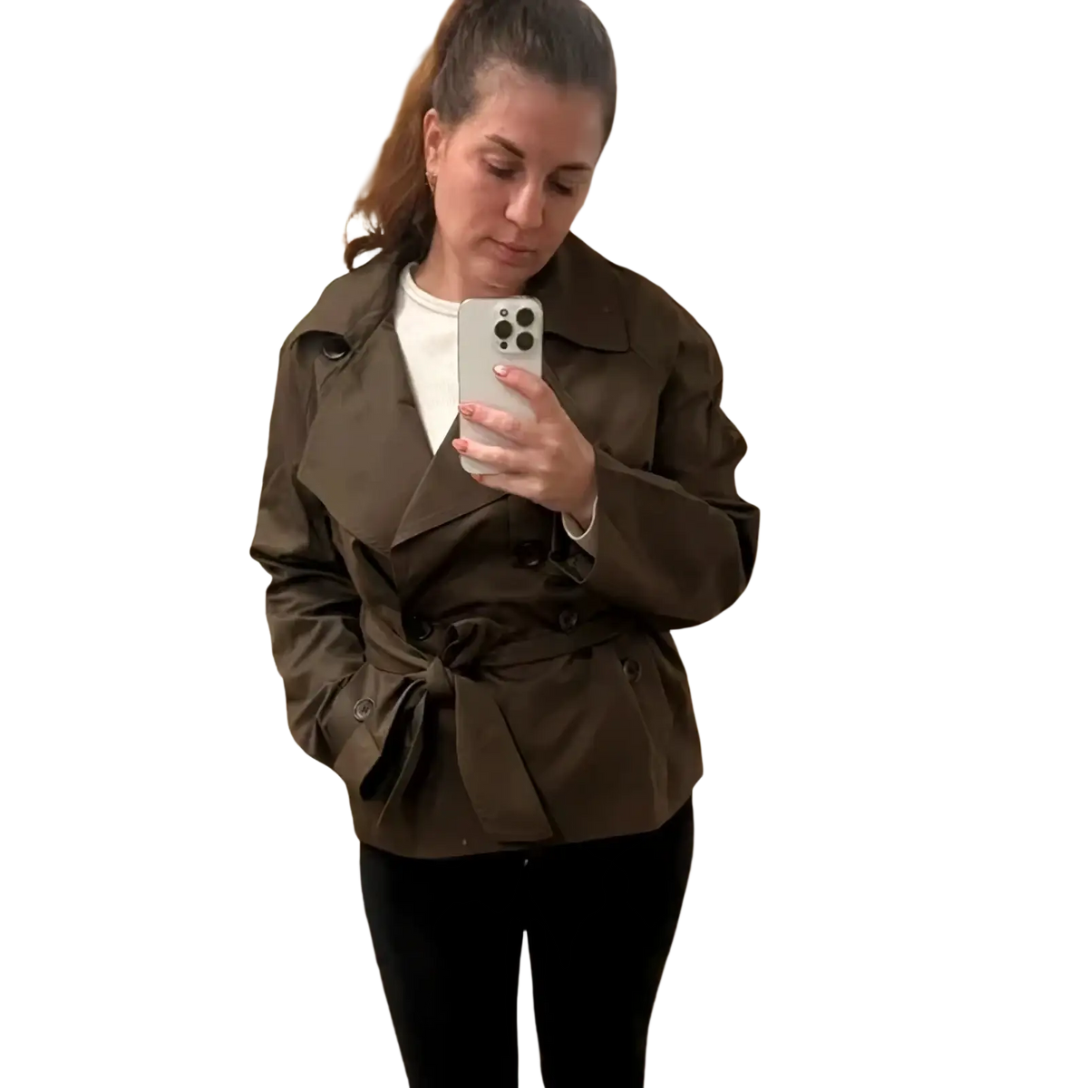 Women short trench coat in olive green featuring a belted waist and double-breasted front made from durable fabric