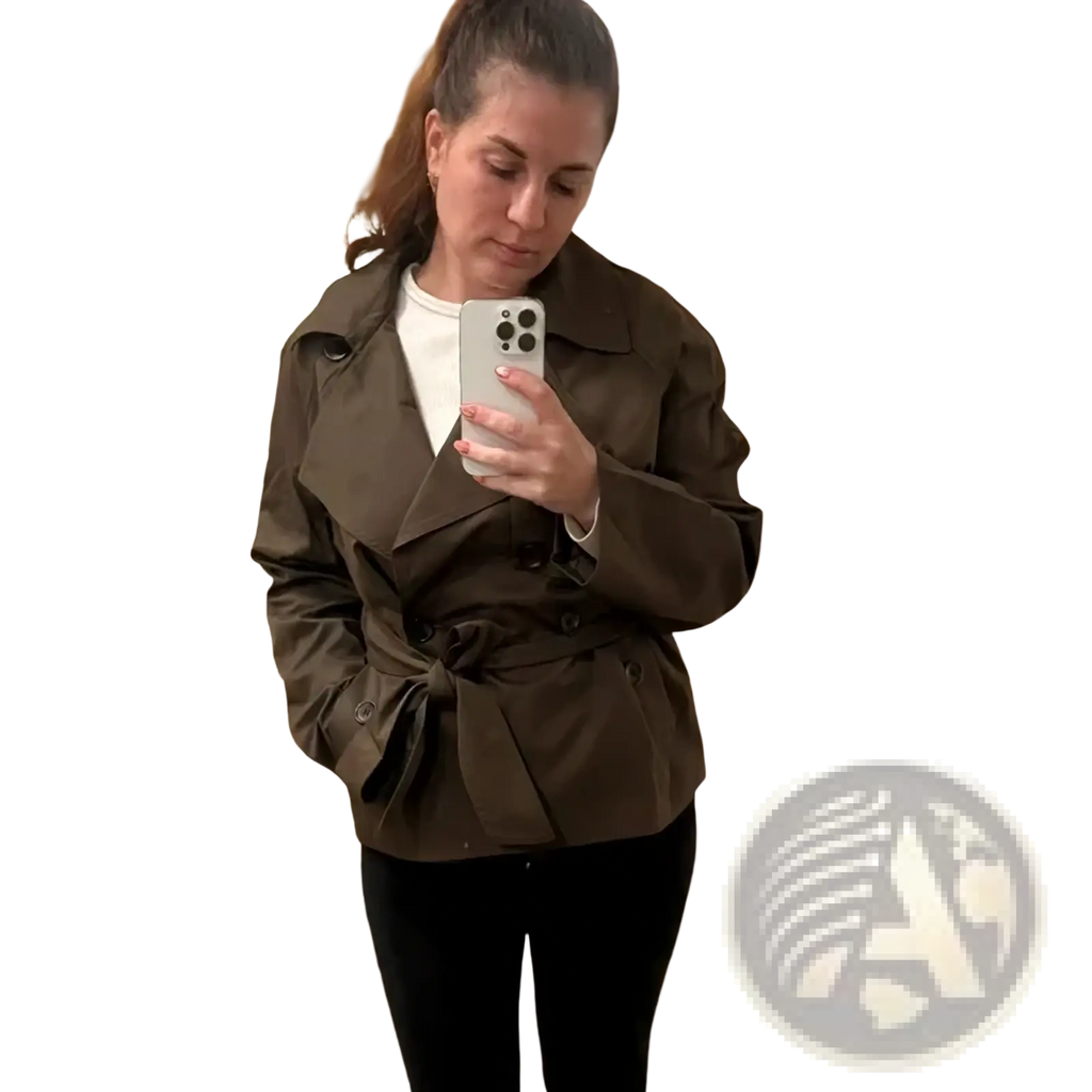 Women short trench coat in olive green featuring a belted waist and double-breasted front made from durable fabric