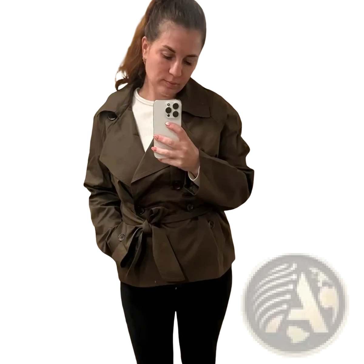Women short trench coat in olive green featuring a belted waist and double-breasted front made from durable fabric