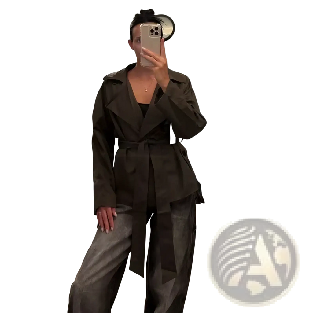 Women short trench coat in olive green featuring a belted waist, wide sleeves, and a structured collar