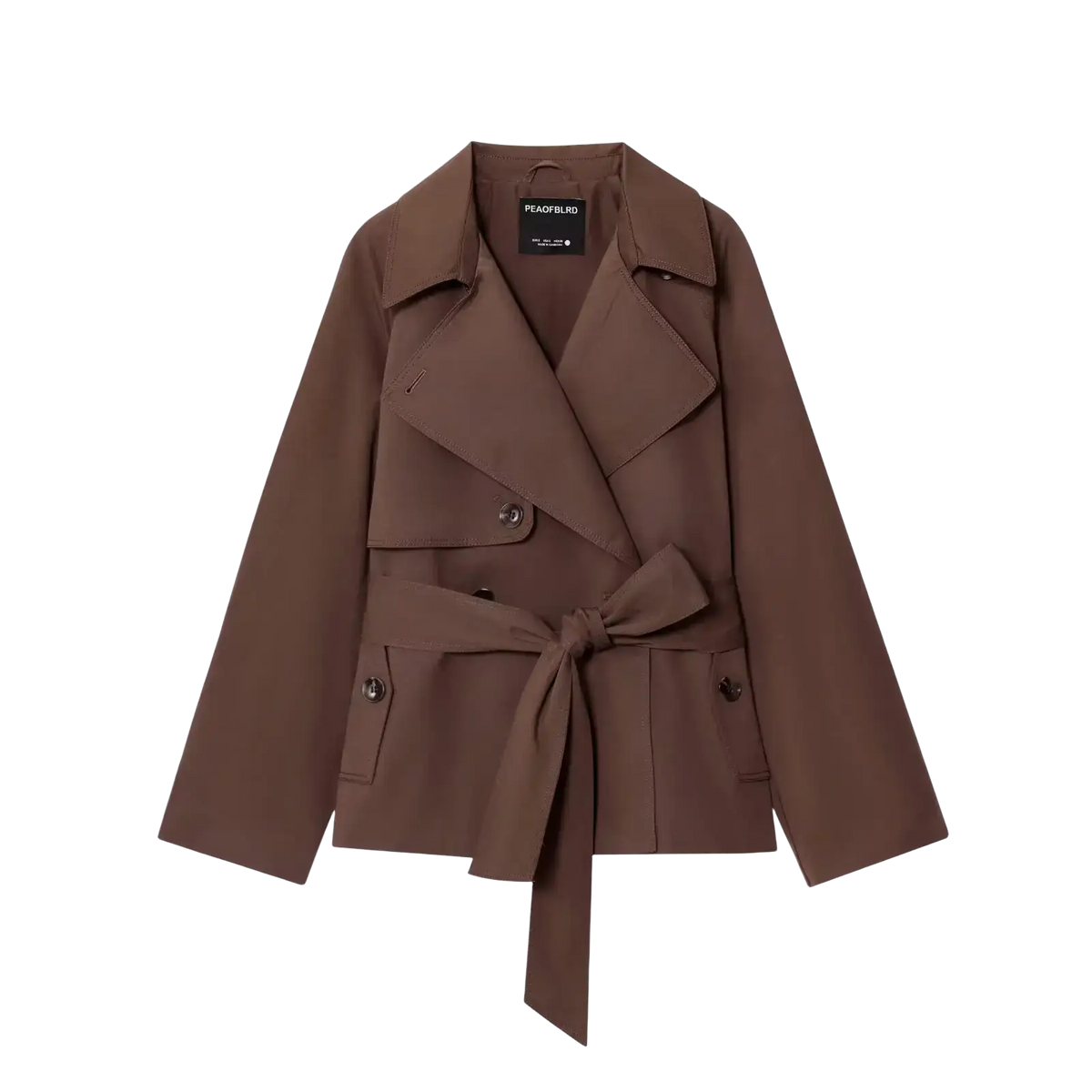 A sleek chocolate brown women short trench coat with belted waist and double breasted front detailing