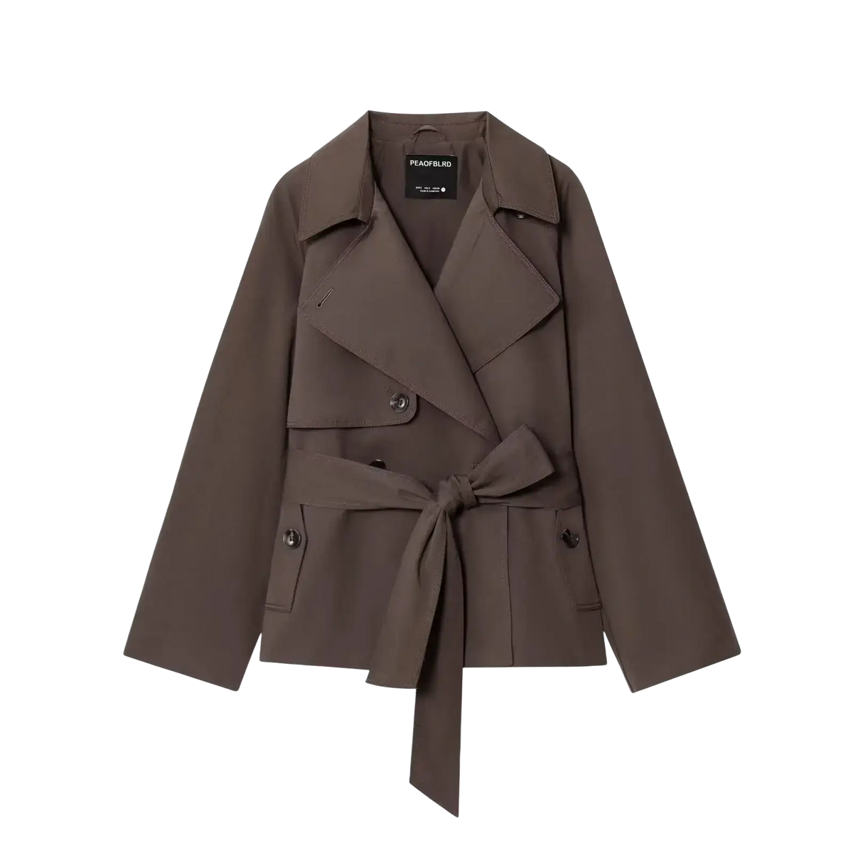 Women short trench coat in olive green with belted waist and double-breasted front for chic outerwear
