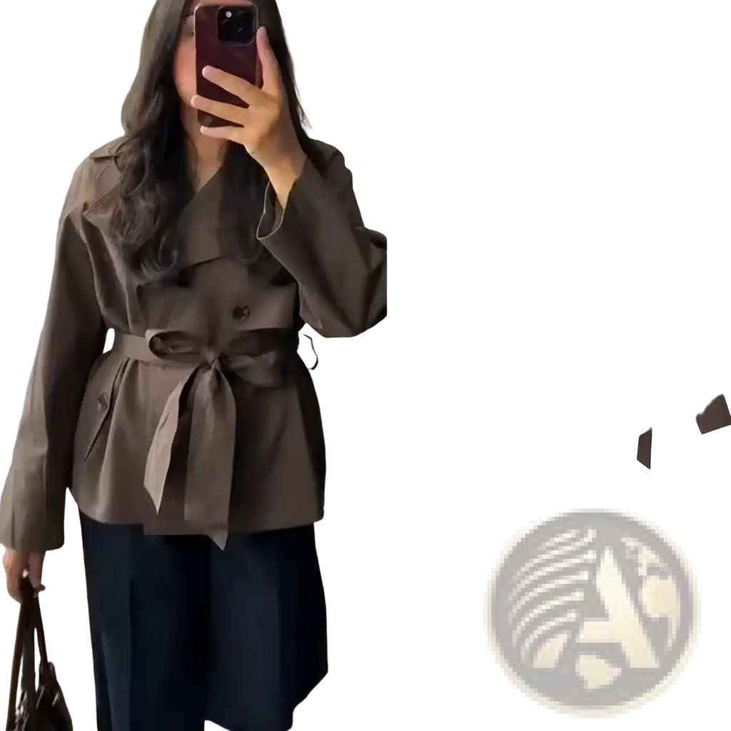 A stylish brown belted women short trench coat with peplum hem and double-breasted front shown worn and flat lay