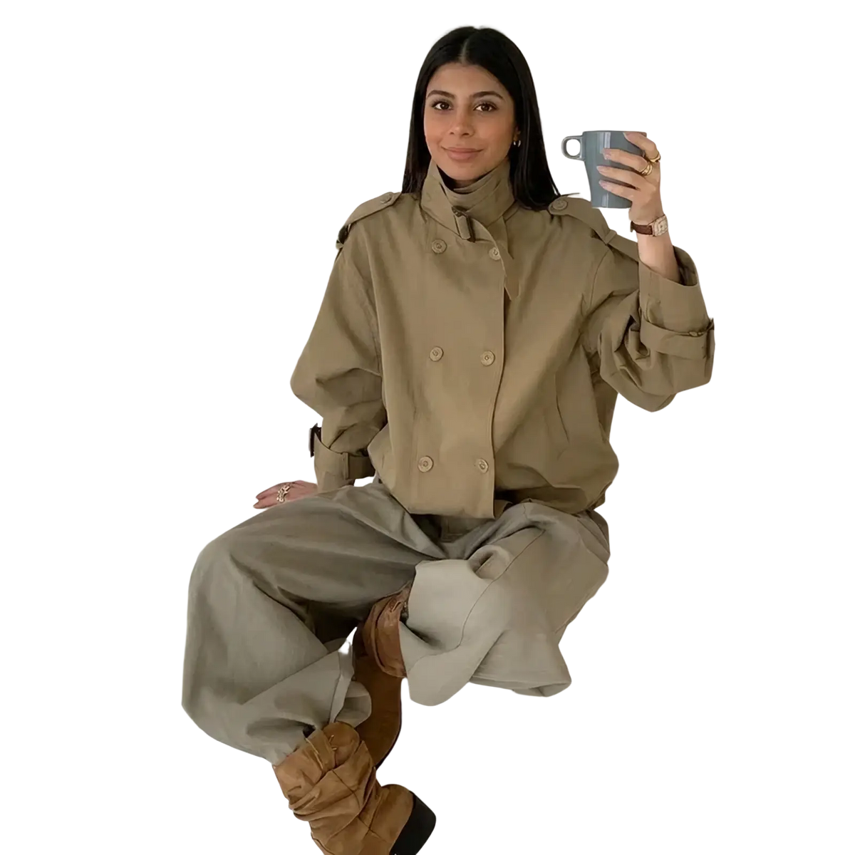 Beige short utility trench jacket with double-breasted buttons, buttoned epaulets, and rolled-up sleeves for women