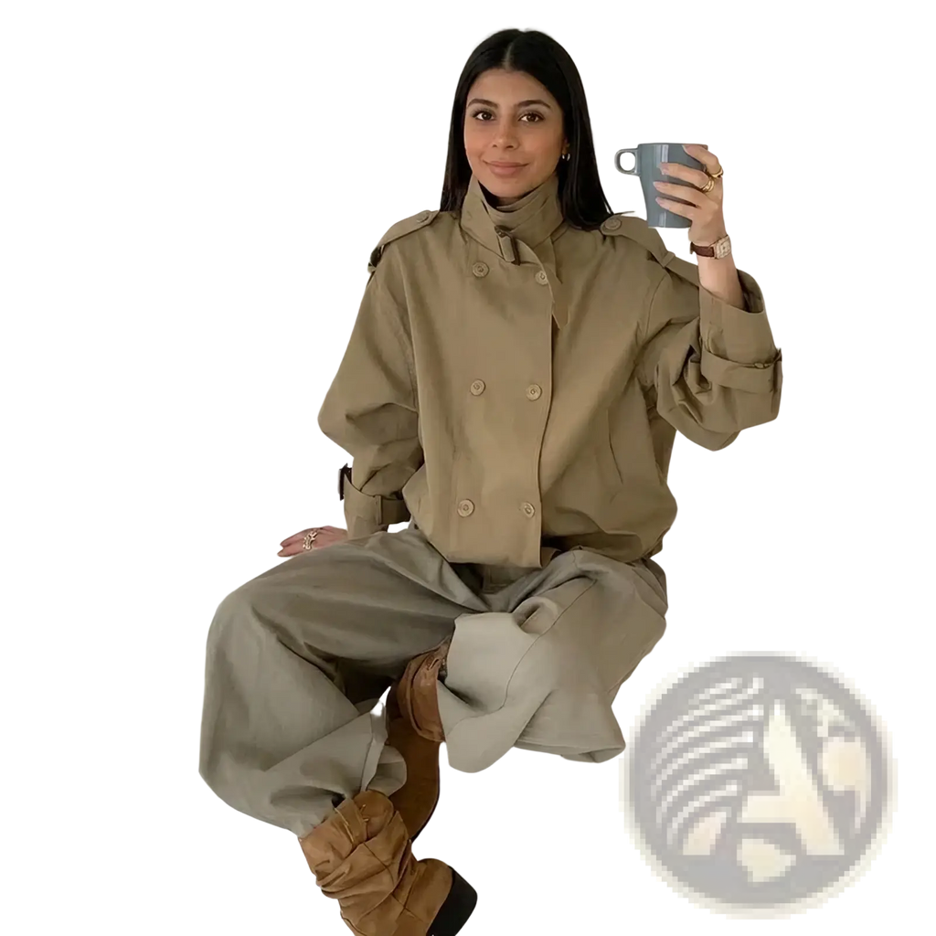 Beige short utility trench jacket with double-breasted buttons, buttoned epaulets, and rolled-up sleeves for women