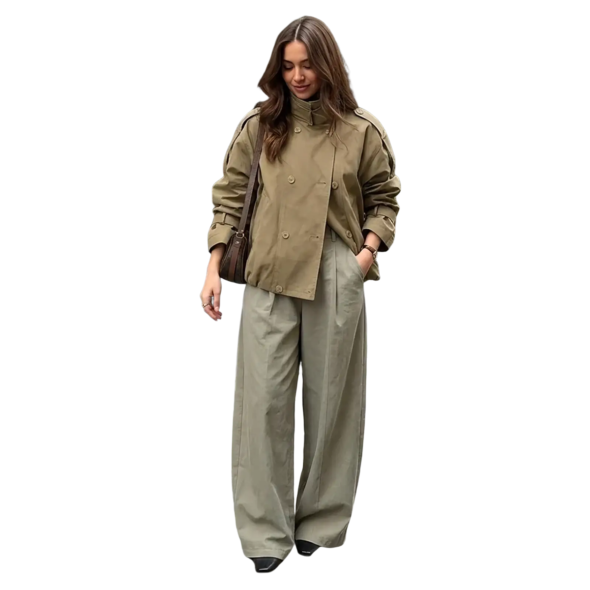 Olive green women short utility trench jacket with buttoned front and adjustable cuffs made from durable fabric