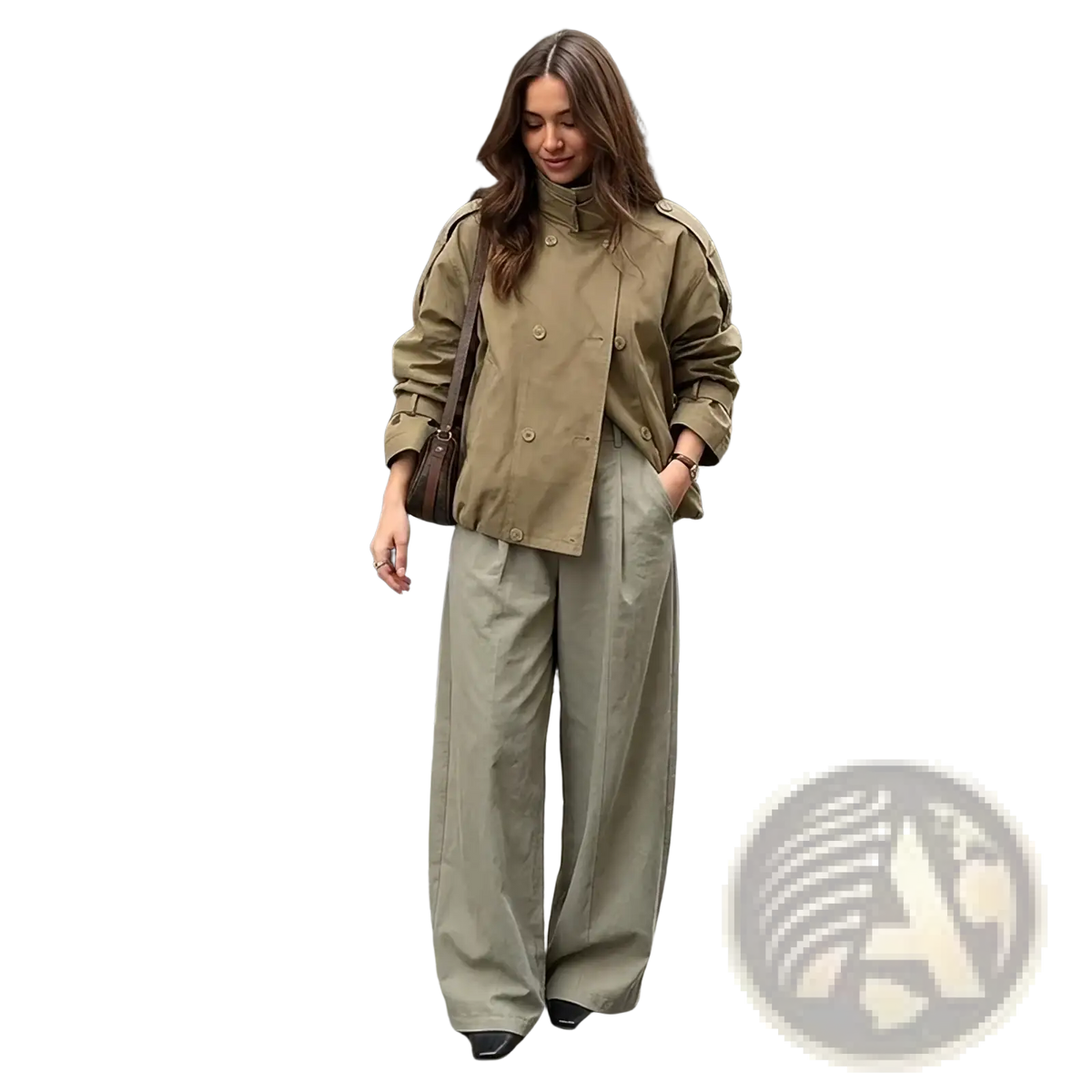Olive green women short utility trench jacket with buttoned front and adjustable cuffs made from durable fabric