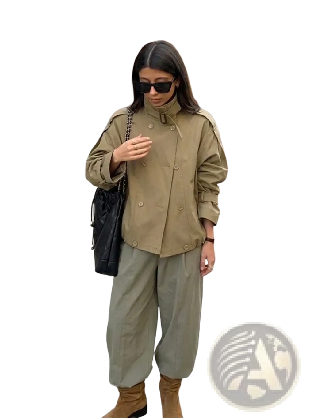 Women short utility trench jacket in olive green featuring a double-breasted design with buttoned cuffs and high collar