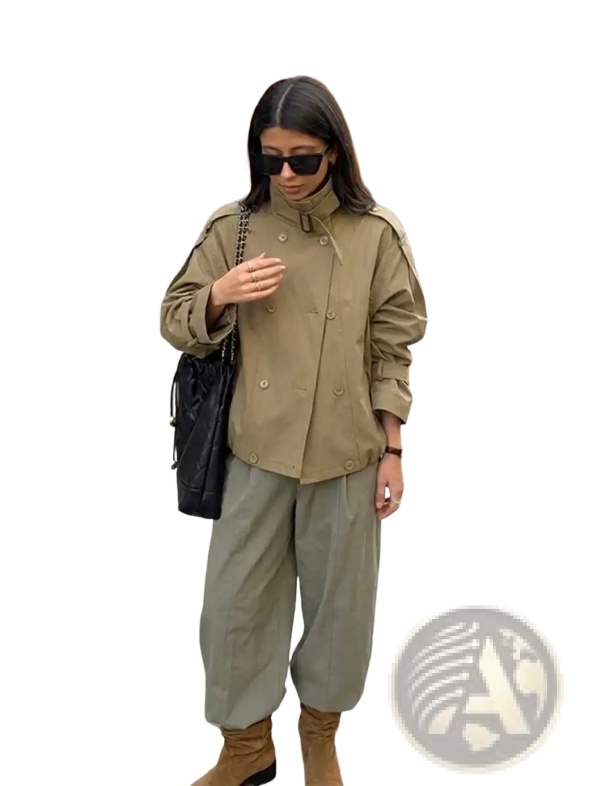 Women short utility trench jacket in olive green featuring a double-breasted design with buttoned cuffs and high collar