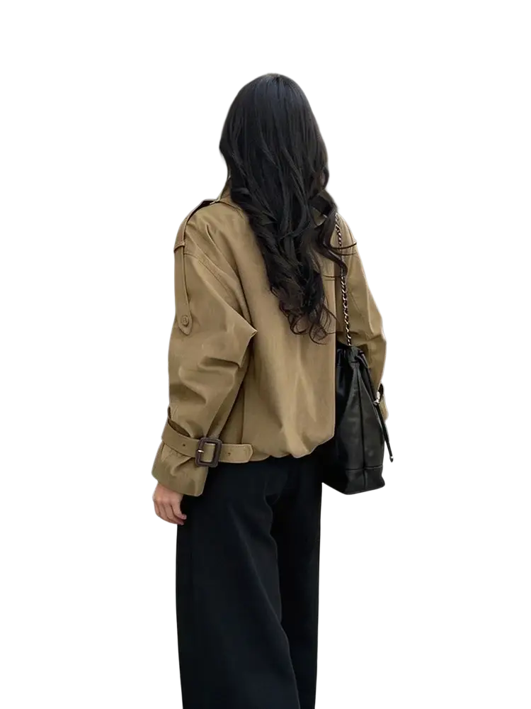 Tan short utility trench jacket with belted waist and flap pockets for women designed in durable fabric
