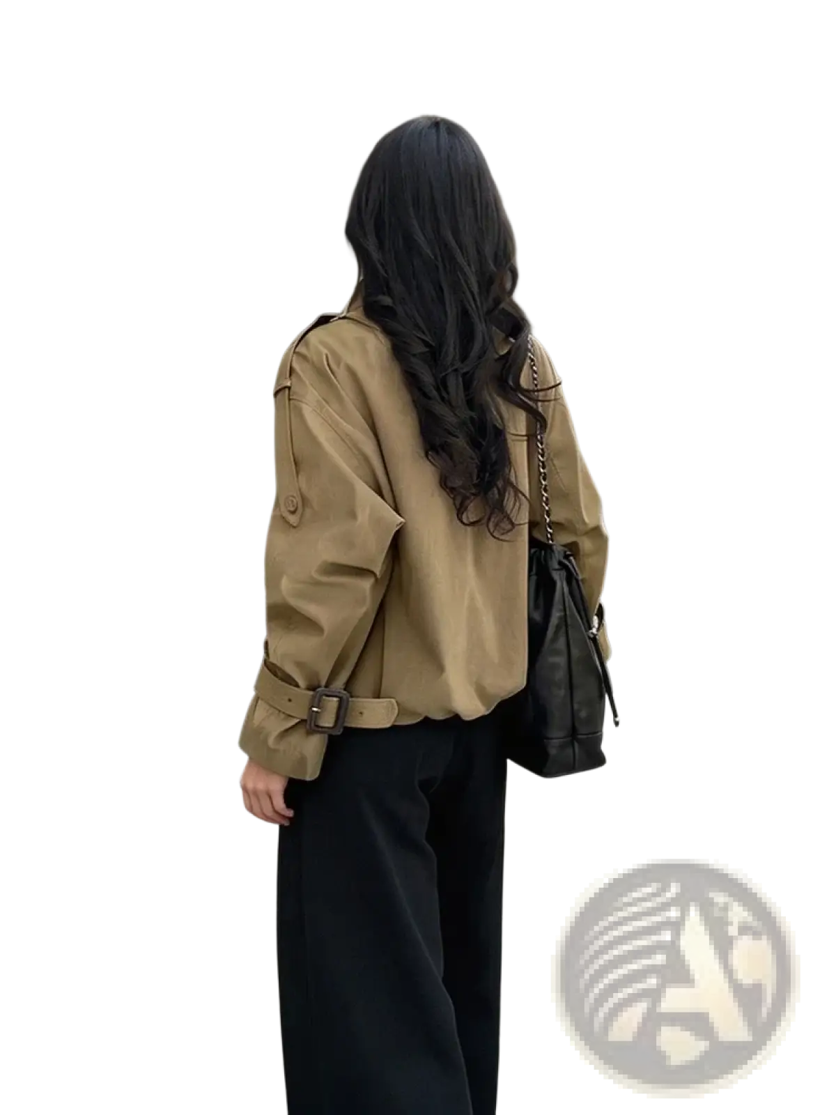 Tan short utility trench jacket with belted waist and flap pockets for women designed in durable fabric