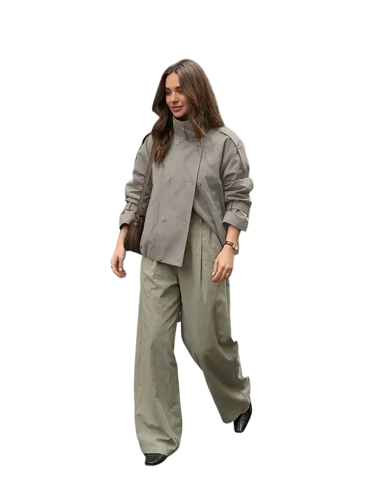 Women short utility trench jacket in taupe with double-breasted design high collar and rolled-up sleeves