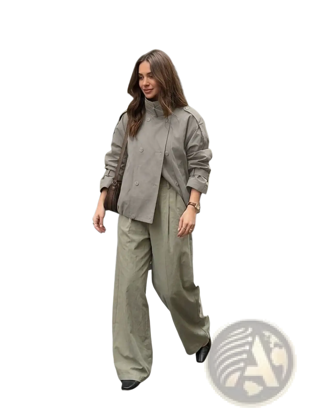 Women short utility trench jacket in taupe with double-breasted design high collar and rolled-up sleeves