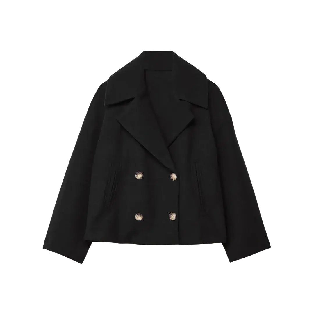 Women short black wool coat with double-breasted gold buttons and structured collar for autumn wear