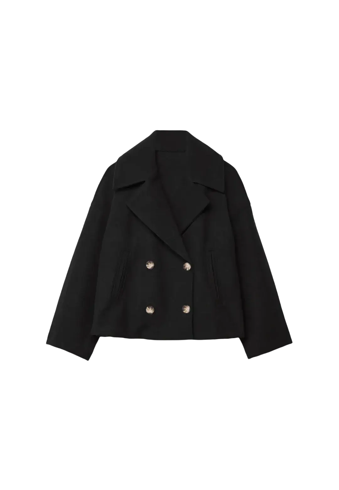 Black short wool coat for women with double-breasted silver buttons and a structured collar for autumn wear