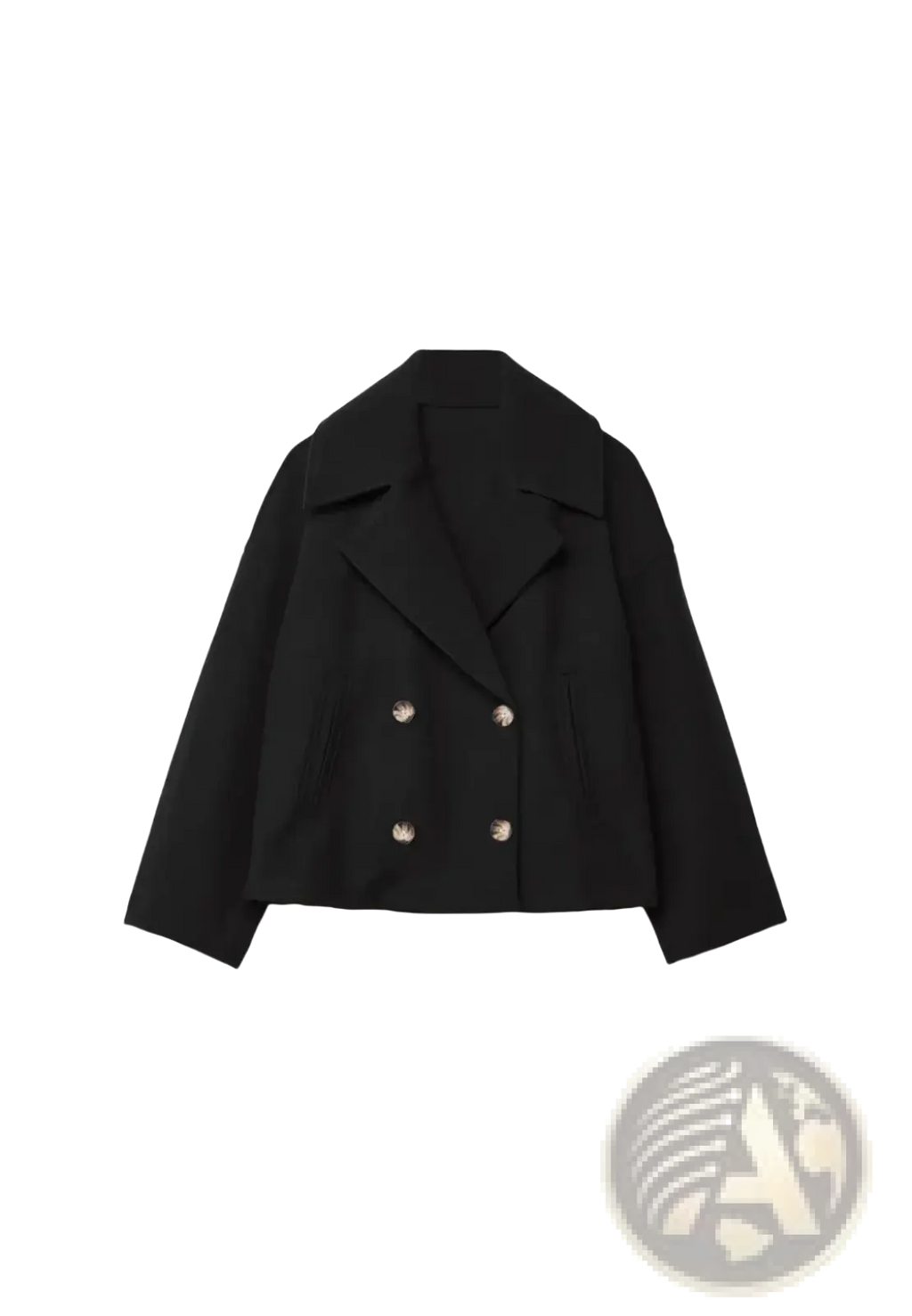 Black short wool coat for women with double-breasted silver buttons and a structured collar for autumn wear