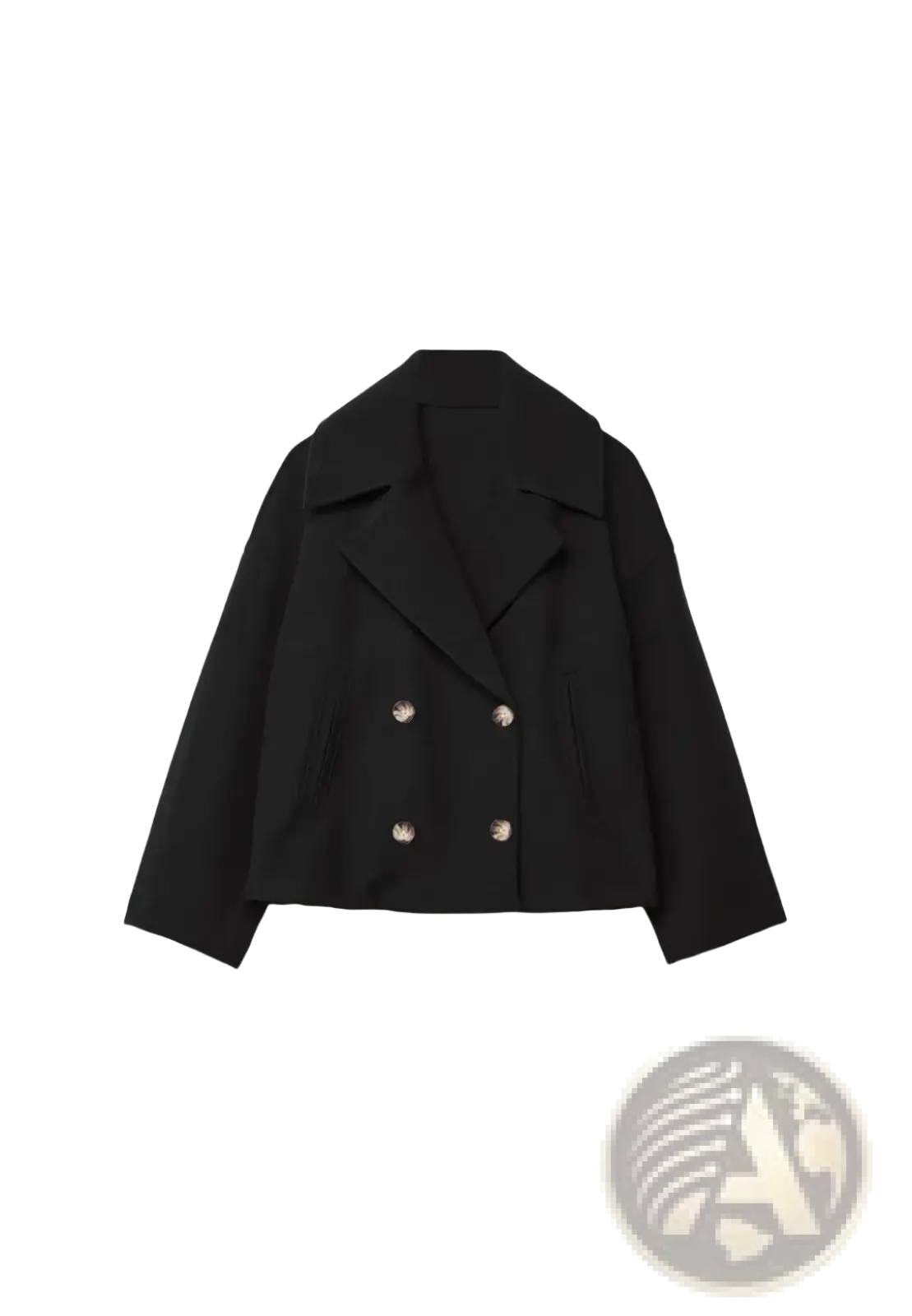 Black short wool coat for women with double-breasted silver buttons and a structured collar for autumn wear