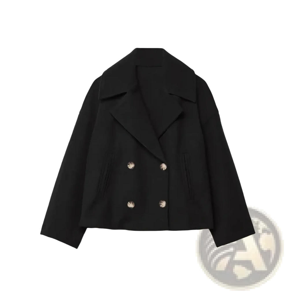 Women short black wool coat with double-breasted gold buttons and structured collar for autumn wear