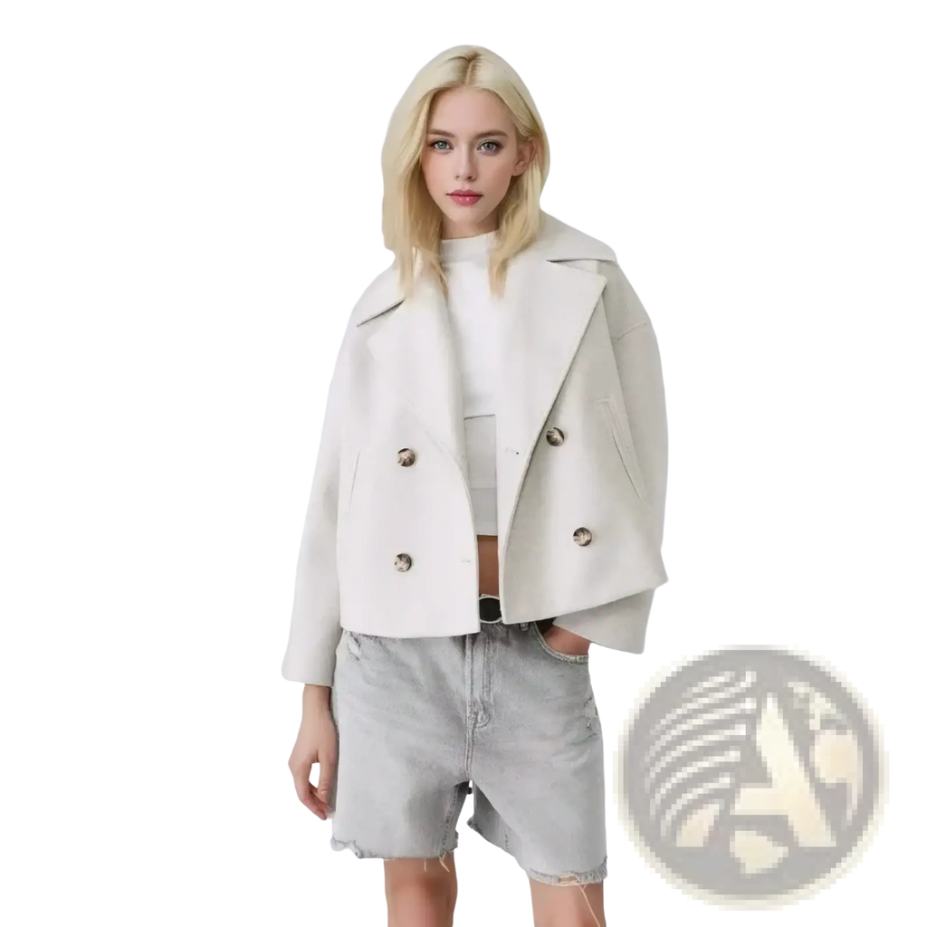 A cream-colored women short wool coat with double-breasted metallic buttons and a structured collar for autumn wear