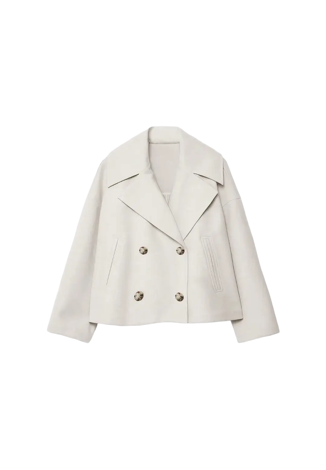 Cream-colored short wool coat with double-breasted metallic buttons and structured collar for autumn wear