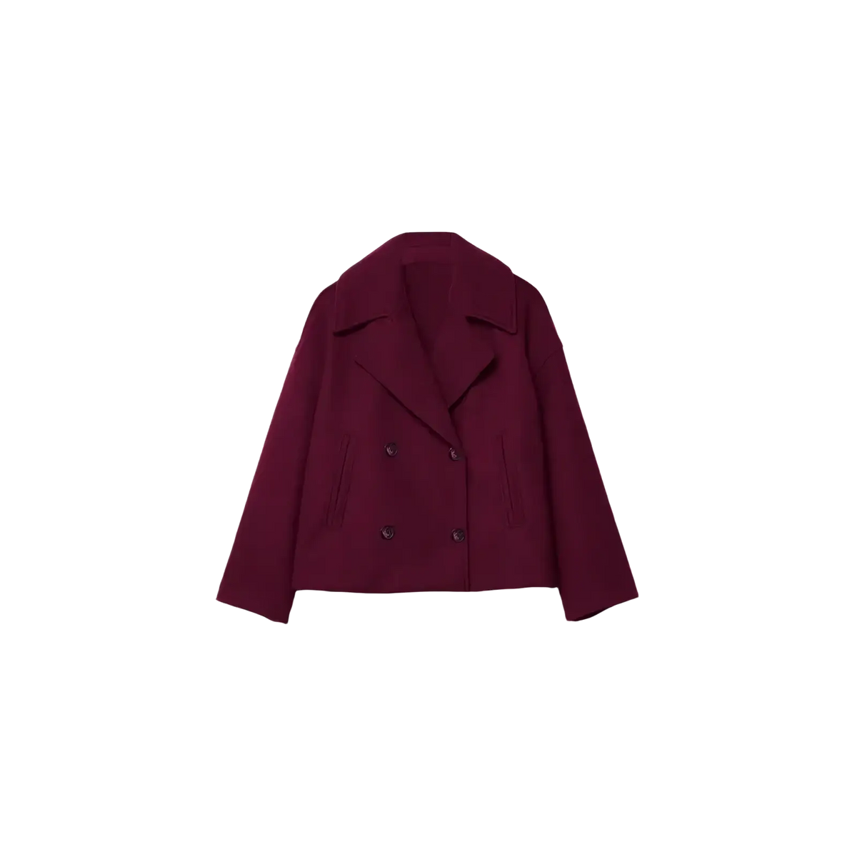 A maroon short wool women double breasted autumn coat with a structured collar and black buttons