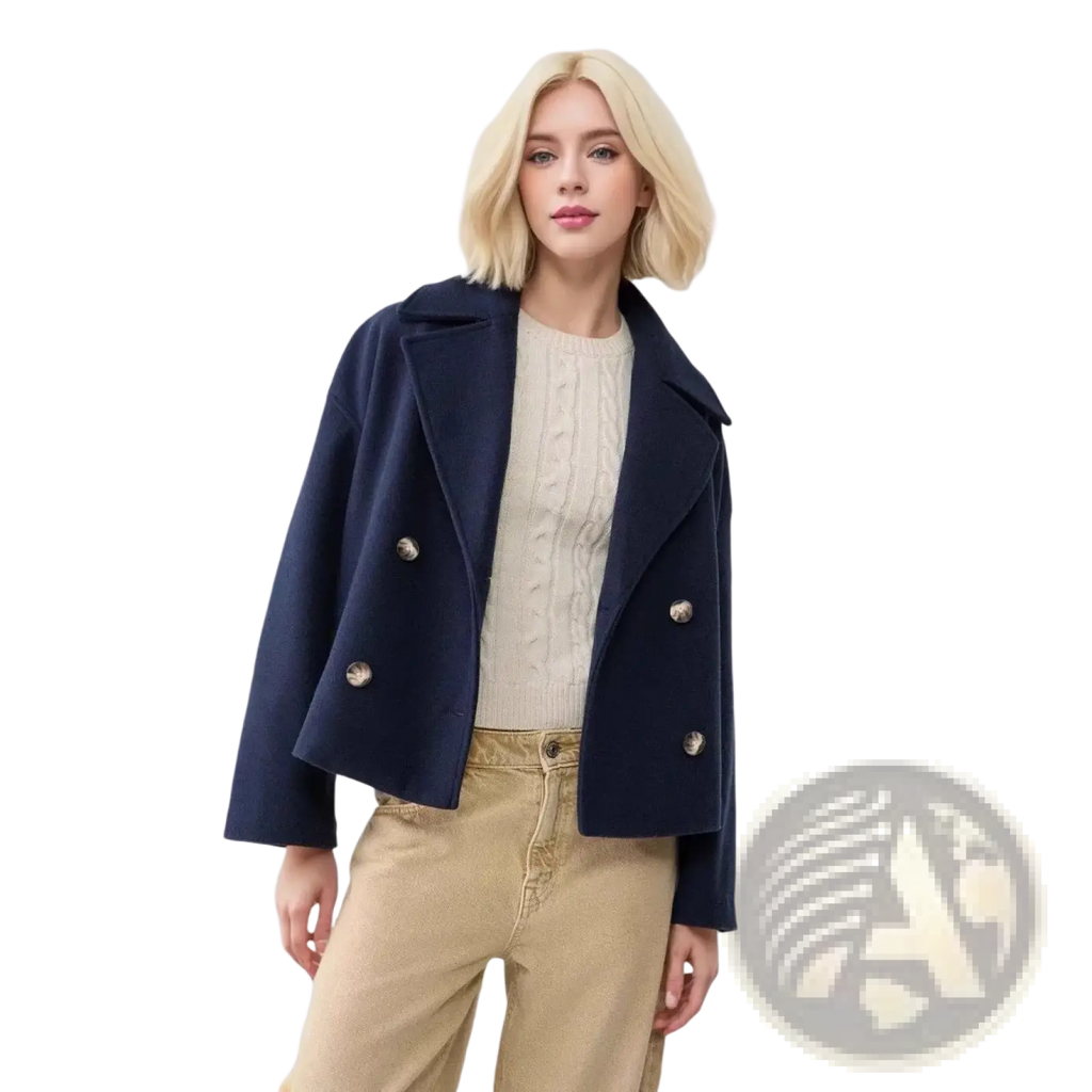 Women short navy blue double-breasted wool coat with gold-toned buttons suitable for autumn wear
