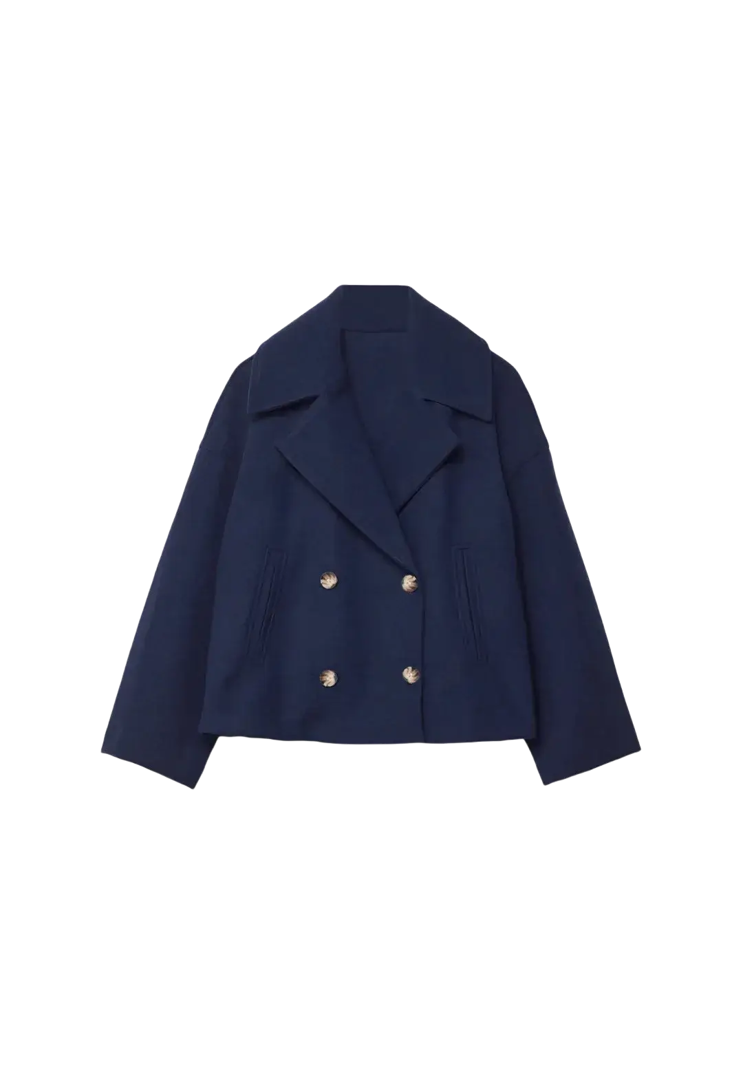 Navy blue women short wool coat with double-breasted gold-toned buttons for autumn wear