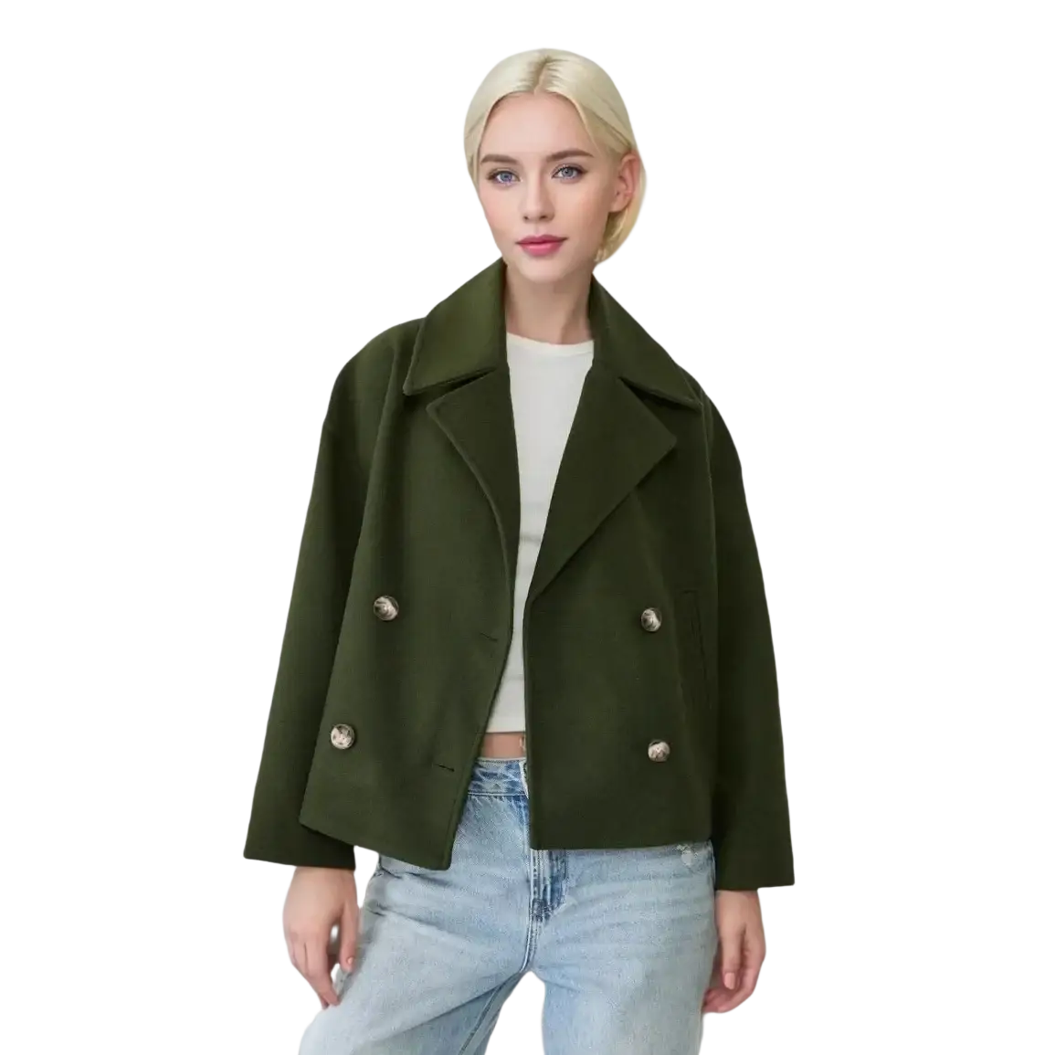 Olive green double-breasted short wool coat with silver-toned buttons for women autumn jacket