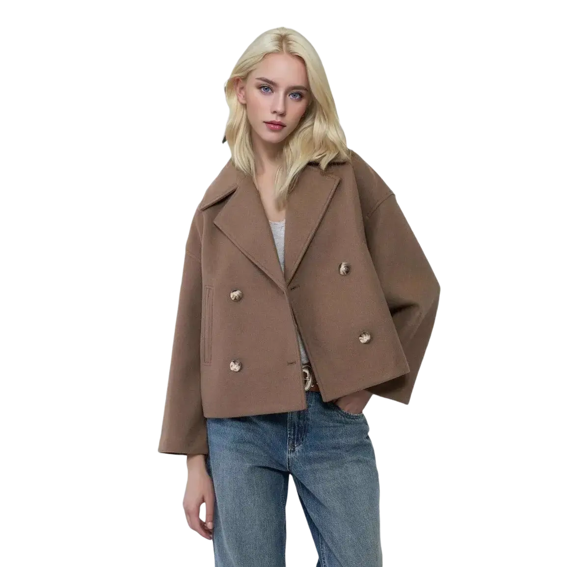 A stylish camel-colored women short wool coat double breasted with gold-toned buttons for autumn wear