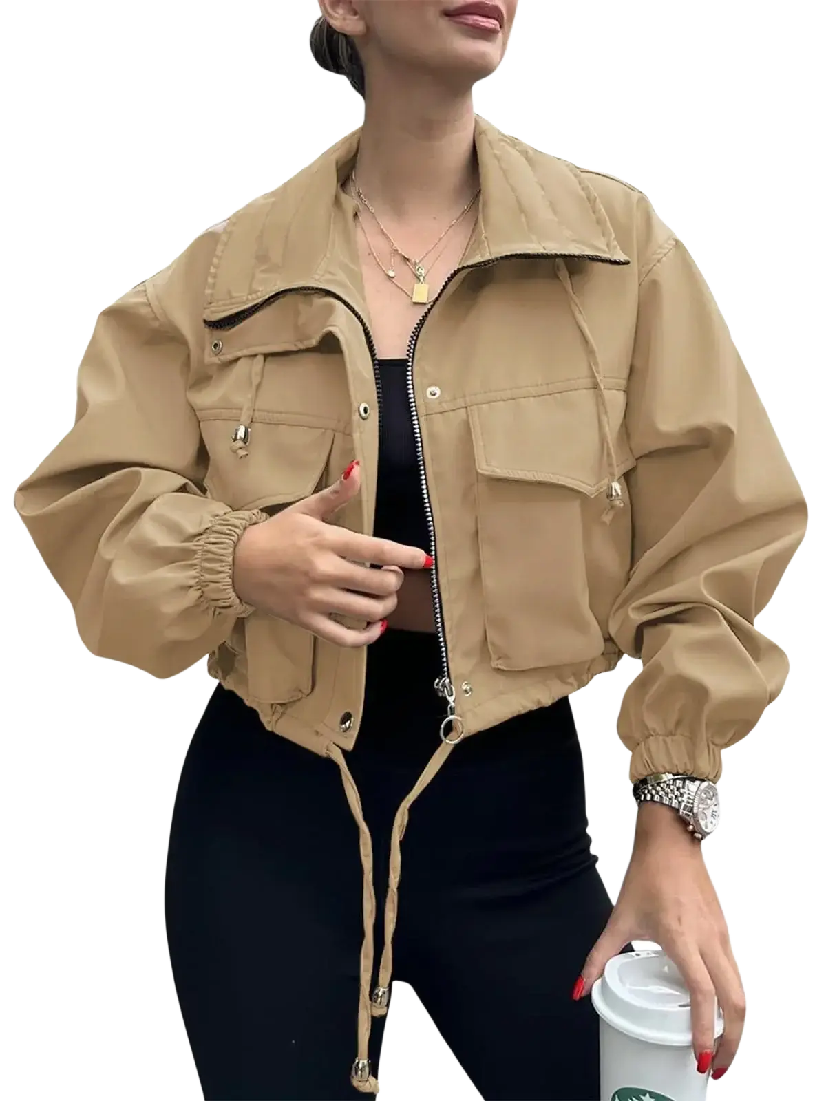 Beige women short zipper trench coat with utility style cropped design drawstring cuffs and front pockets