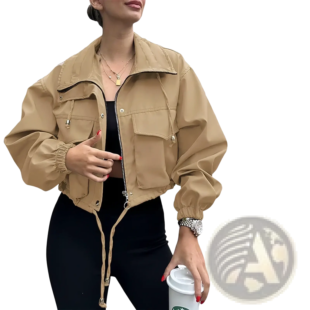 Beige women short zipper trench coat with cropped length, utility style, drawstring cuffs, and front pockets