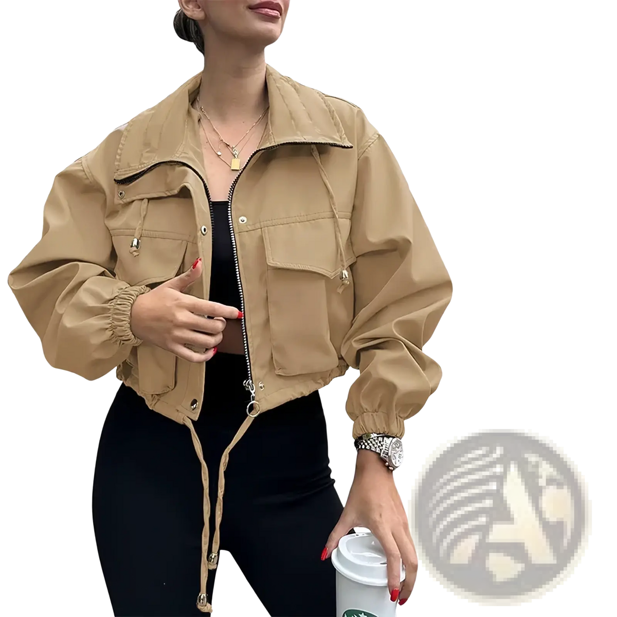Beige women short zipper trench coat with cropped length, utility style, drawstring cuffs, and front pockets