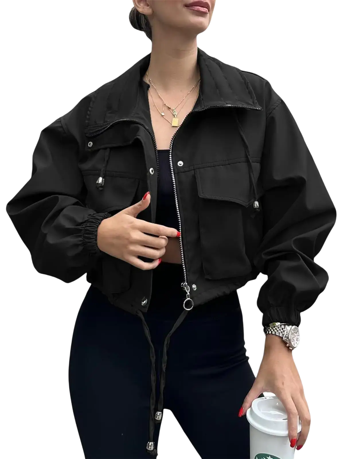 Black utility-style women short zipper trench coat with silver-toned zipper and button details for elegant outerwear