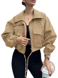 Beige women short zipper trench coat with utility style cropped design drawstring cuffs and front pockets