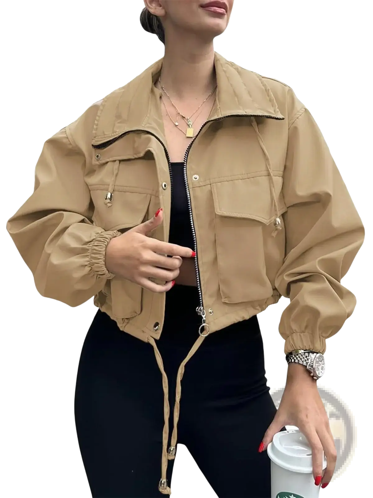 Beige women short zipper trench coat with utility style cropped design drawstring cuffs and front pockets
