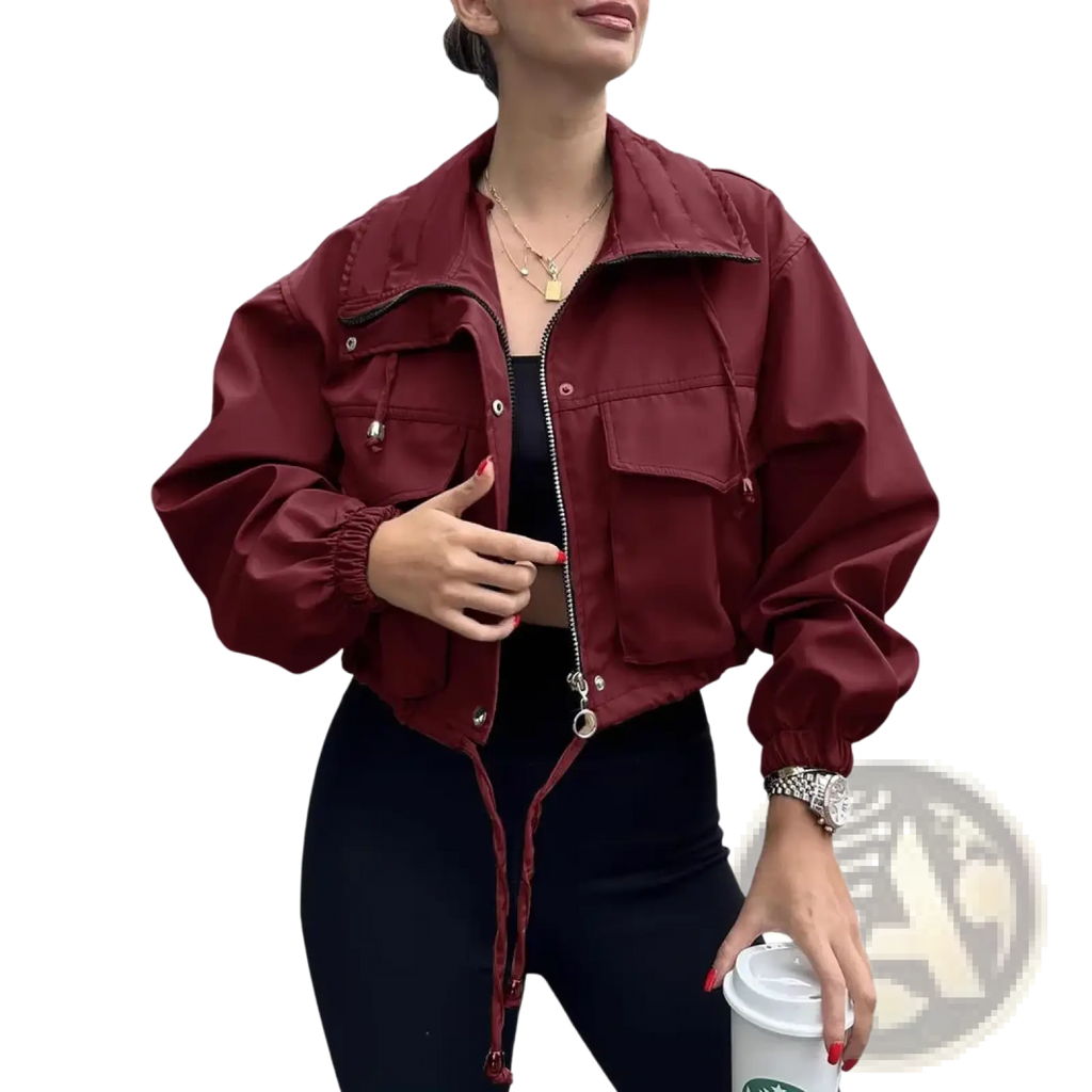 Women short zipper trench coat in maroon featuring a zippered front, two chest pockets, and elasticated cuffs