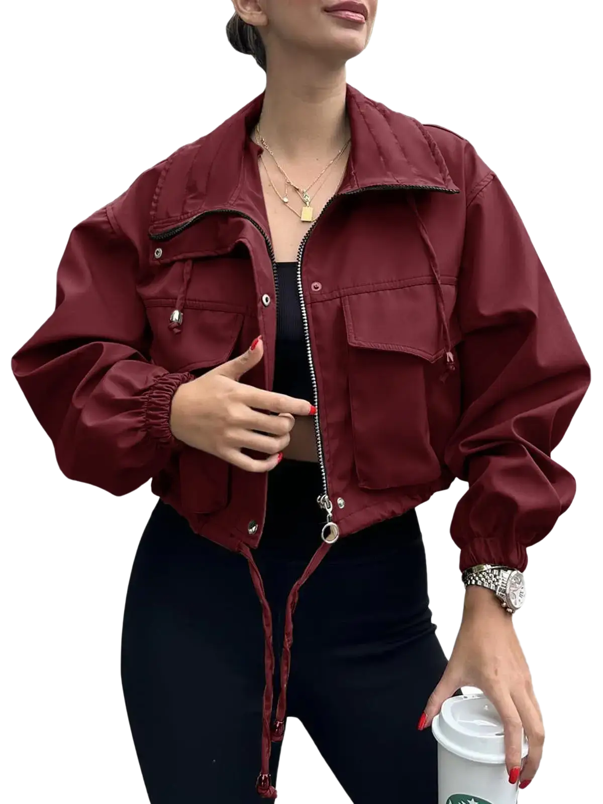 Maroon women short zipper trench coat with drawstring cuffs and front pockets elegant utility outerwear