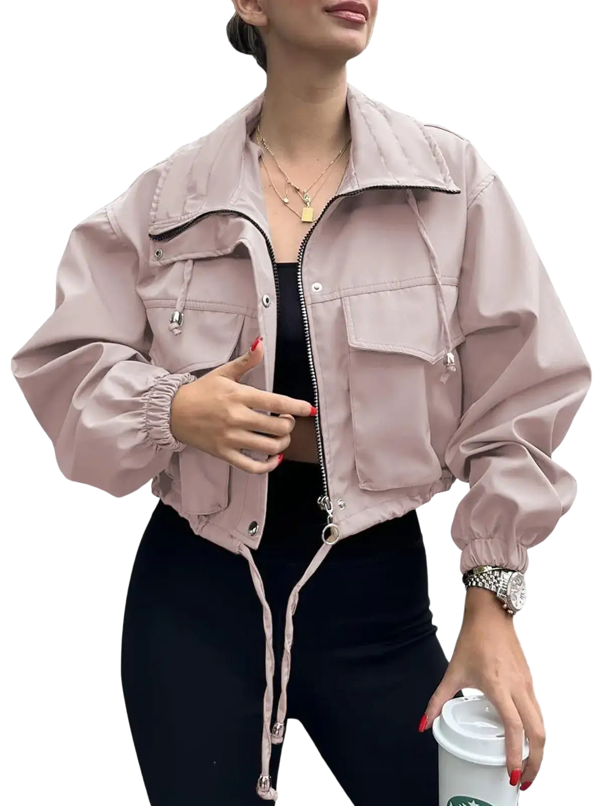 A mauve cropped utility jacket with a drawstring hood and elastic cuffs in an elegant women short zipper trench coat